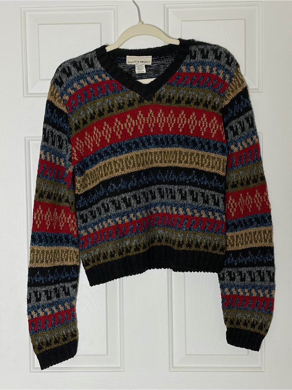 Vintage 90s Y2K Women’s Medium Geometric V Neck Grandpa Sweater Retro Knit